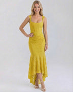 Marigold Maxi Dress by Lauven in vibrant yellow with square neckline and asymmetric hemline.