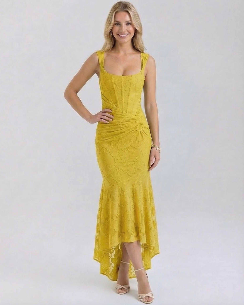 Marigold Maxi Dress by Lauven in vibrant yellow with square neckline and asymmetric hemline.