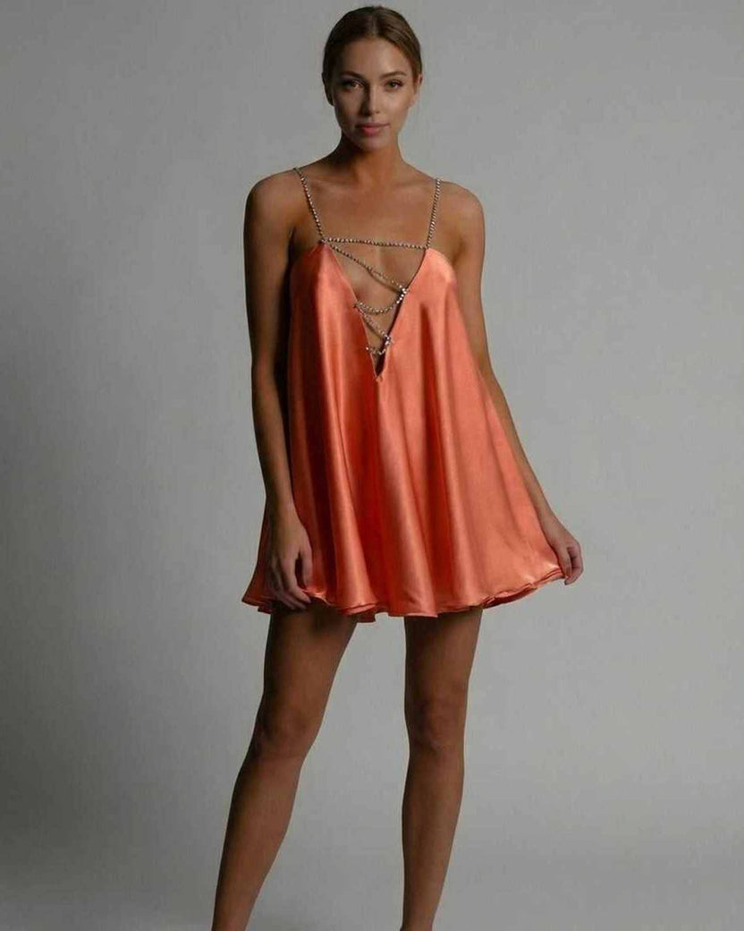 Marigold Mini Dress by Lauven - Satin flared silhouette in burnt orange with beaded spaghetti straps. Perfect for summer.
