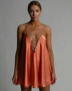 Marigold Mini Dress by Lauven - Satin A-Line flared silhouette in radiant burnt orange with beaded spaghetti straps.