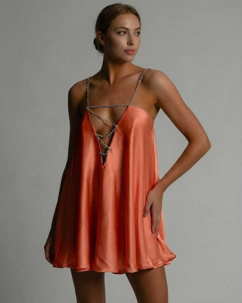 Marigold Mini Dress by Lauven in radiant burnt orange satin with beaded spaghetti straps for a stylish A-line silhouette.