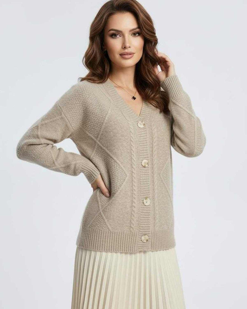 Marin Cardigan by Lauven, cozy beige knitwear with button-down front and V-neckline, perfect for layering.