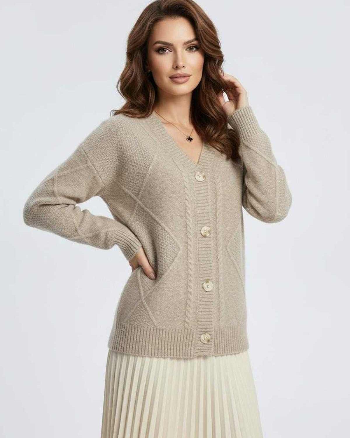 Marin Cardigan by Lauven, cozy beige knitwear with button-down front and V-neckline, perfect for layering.