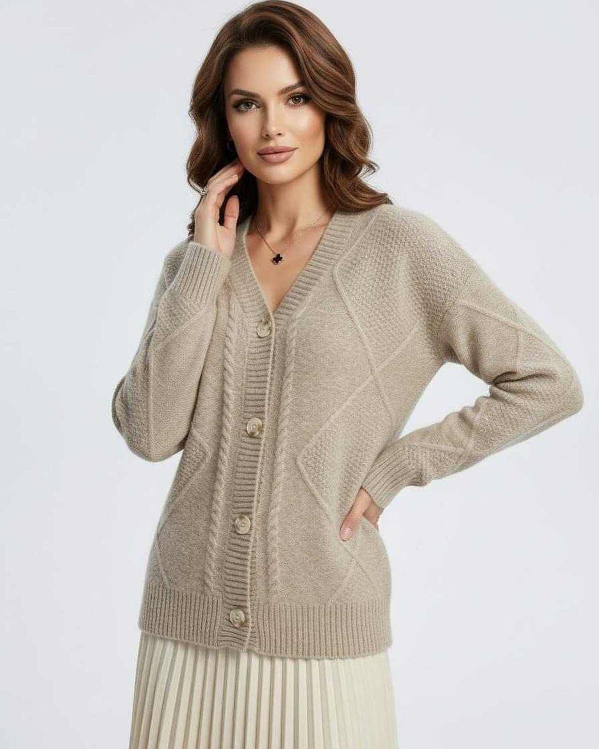 Marin Cardigan by Lauven in beige, featuring a button-down front and v-neckline for a cozy and stylish look.