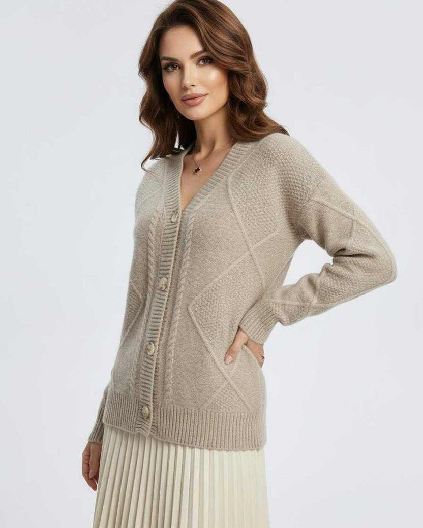 Marin Cardigan by Lauven in beige, featuring button-down front and V-neckline perfect for layering.