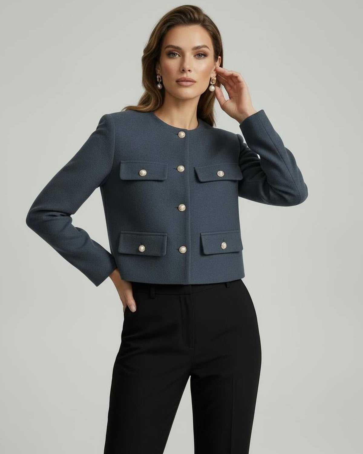 Marina Jacket by Lauven - Elegant wool blend collarless jacket with gold button details in slate blue.
