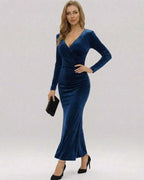 Marina Maxi Dress by Lauven in deep navy velvet, featuring a V-neckline and long sleeves for an elegant evening look.