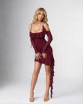 Marina Mini Dress by Lauven in burgundy with ruffled asymmetric hem and spaghetti straps.