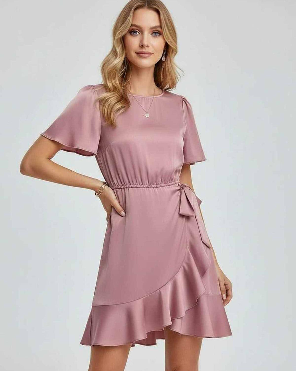 Lauven Marina Mini Dress with ruffle detailing and tie waist in pink, perfect for spring and summer wardrobe.