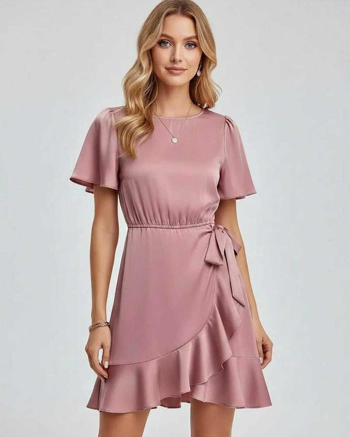 Lauven Marina Mini Dress in soft pink with elegant ruffle detailing and tie waist, perfect for spring and summer.