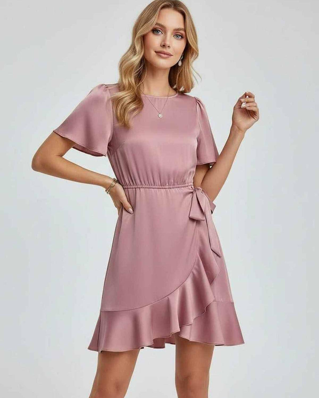 Lauven Marina Mini Dress in pink with ruffle detailing, tie waist, and flutter sleeves for spring and summer style.