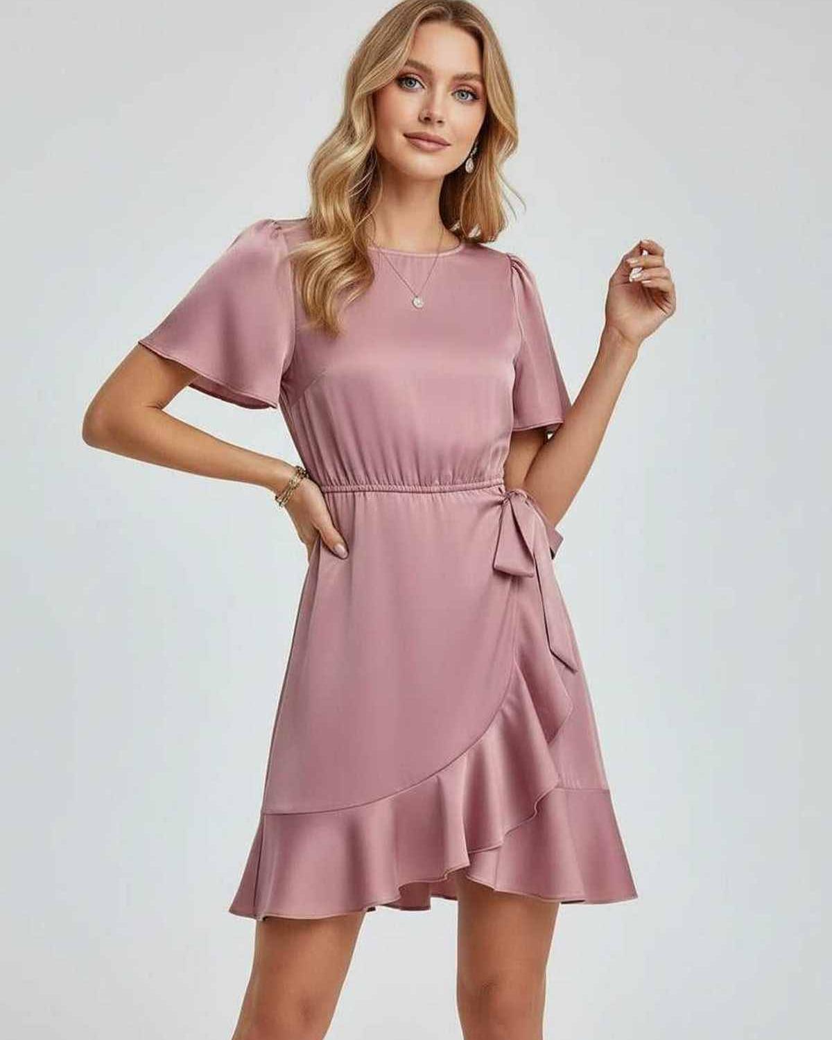 Lauven Marina Mini Dress in pink with ruffle detailing, tie waist, and flutter sleeves for spring and summer style.