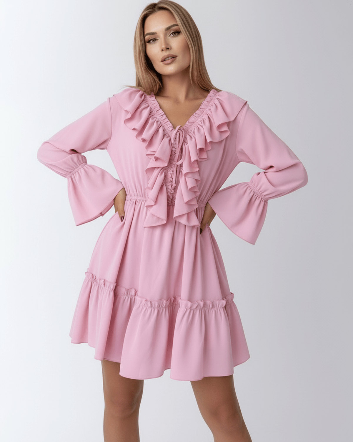 Marina Mini Dress by Lauven featuring ruffles, elastic waist, V-neckline, and flared sleeves in soft pink.