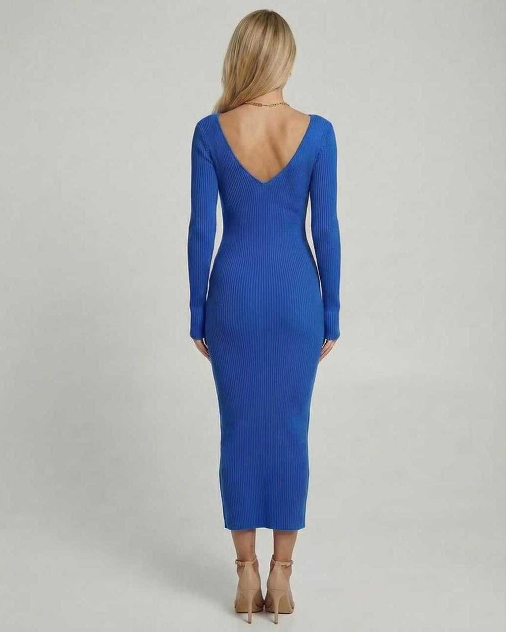 Back view of Maris Midi Dress by Lauven in elegant blue ribbed knit with a V-neck design.