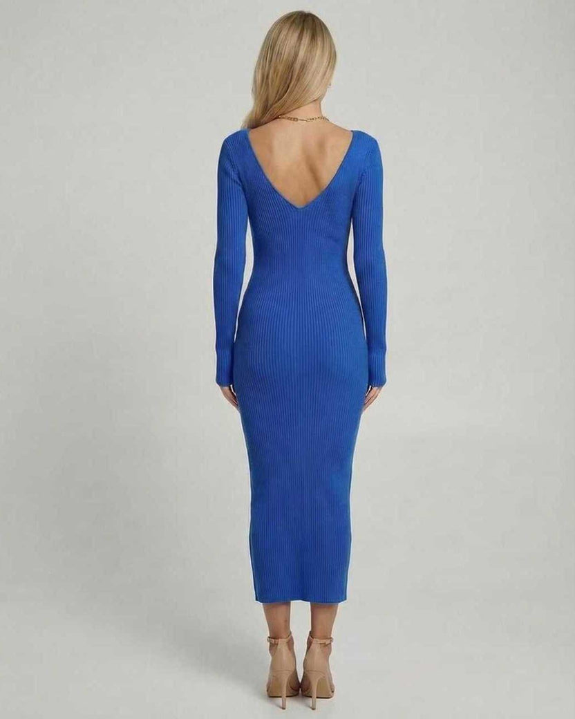 Back view of Maris Midi Dress by Lauven in elegant blue ribbed knit with a V-neck design.