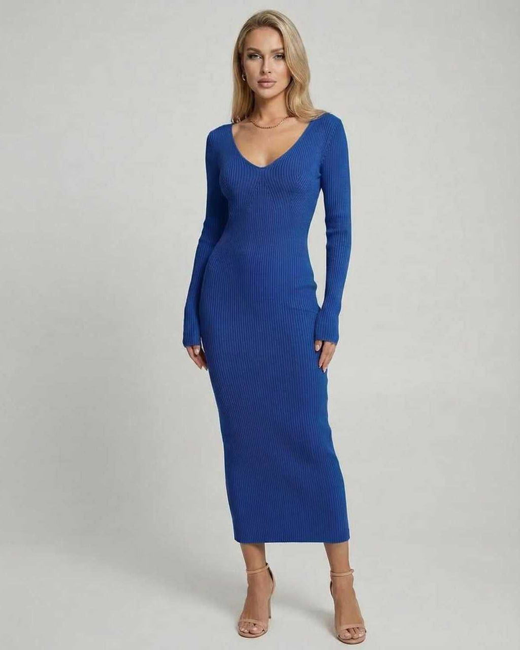 Maris Midi Dress by Lauven - Elegant blue ribbed knit V-neck dress for a flattering silhouette.