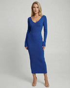 Maris Midi Dress by Lauven - Elegant blue ribbed knit V-neck dress for a flattering silhouette.
