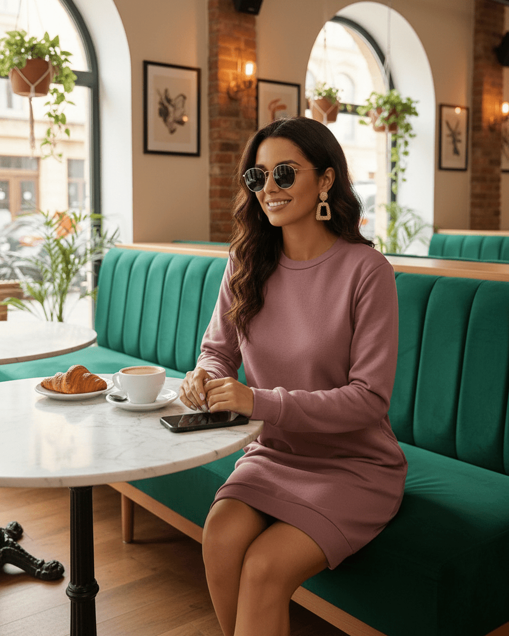 Model wearing Maris Mini Dress in mauve at a cafe, showcasing casual elegance by Lauven.