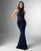 Midnight Maxi Dress by Lauven, navy halter neck with lace bodice and open back, showcasing a bodycon silhouette.