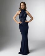 Lauven Midnight Maxi Dress – Navy Halter Neck Maxi Dress with Lace Bodice & Sculpted Silhouette