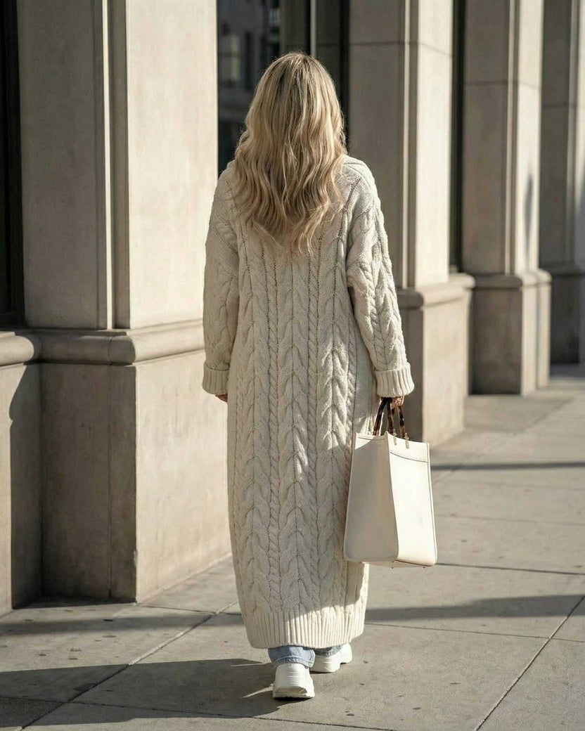 Milano Cardigan worn by a woman with long hair, featuring a cable-knit design while carrying a white bag.