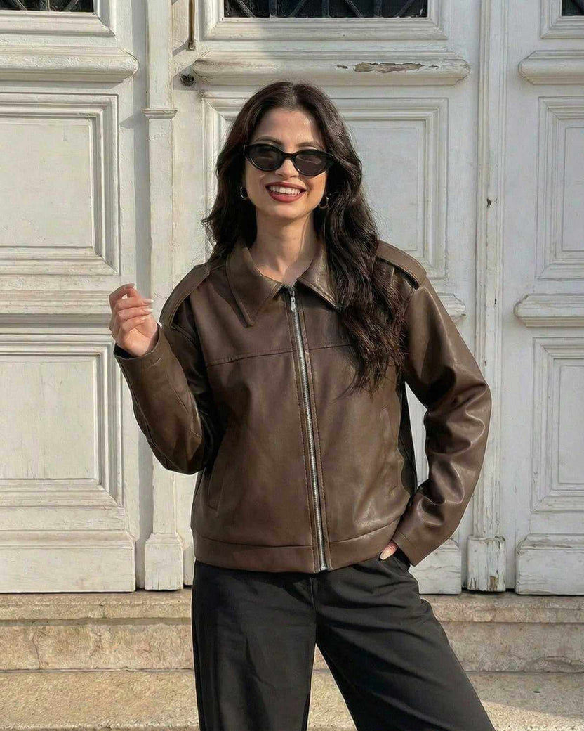 Milano Jacket by Lauven, women’s brown leather jacket showcasing a modern loose fit and stylish streetwear appeal.