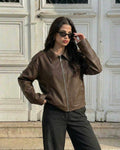 Milano Jacket by Lauven - Women's brown leather jacket featured in casual fall streetwear style.