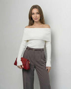 Milano Top by Lauven - Women’s Off-The-Shoulder Slim Fit Top in Solid White with Long Sleeves