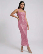 Lauven Mira Midi Dress in pink sequined elegance with backless detail and square neckline.
