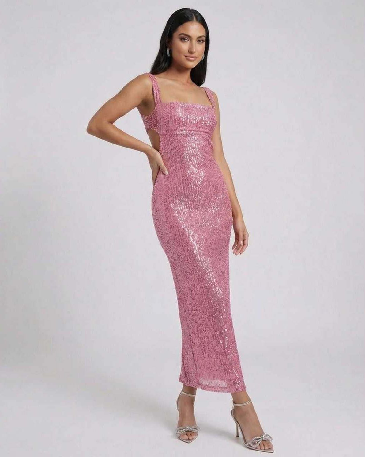 Lauven Mira Midi Dress in pink sequined elegance with backless detail and square neckline.