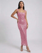 Mira Midi Dress by Lauven in pink sequined elegance with backless detail and chic square neckline.