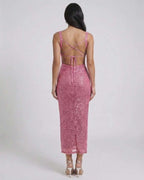 Mira Midi Dress by Lauven in Pink sequined elegance featuring crisscross back detail.