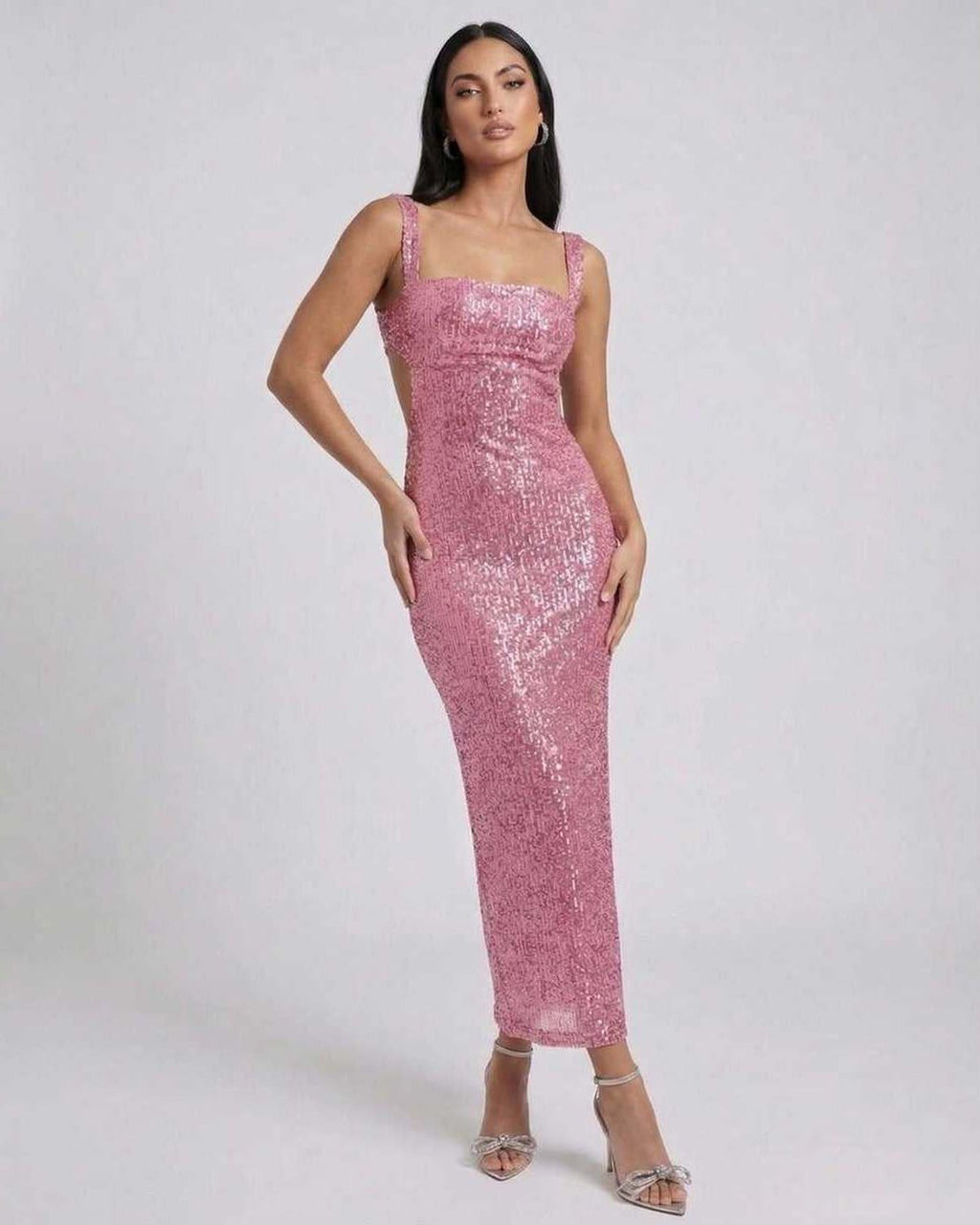 Lauven Mira Midi Dress in pink sequined elegance with backless detail and chic square neckline.