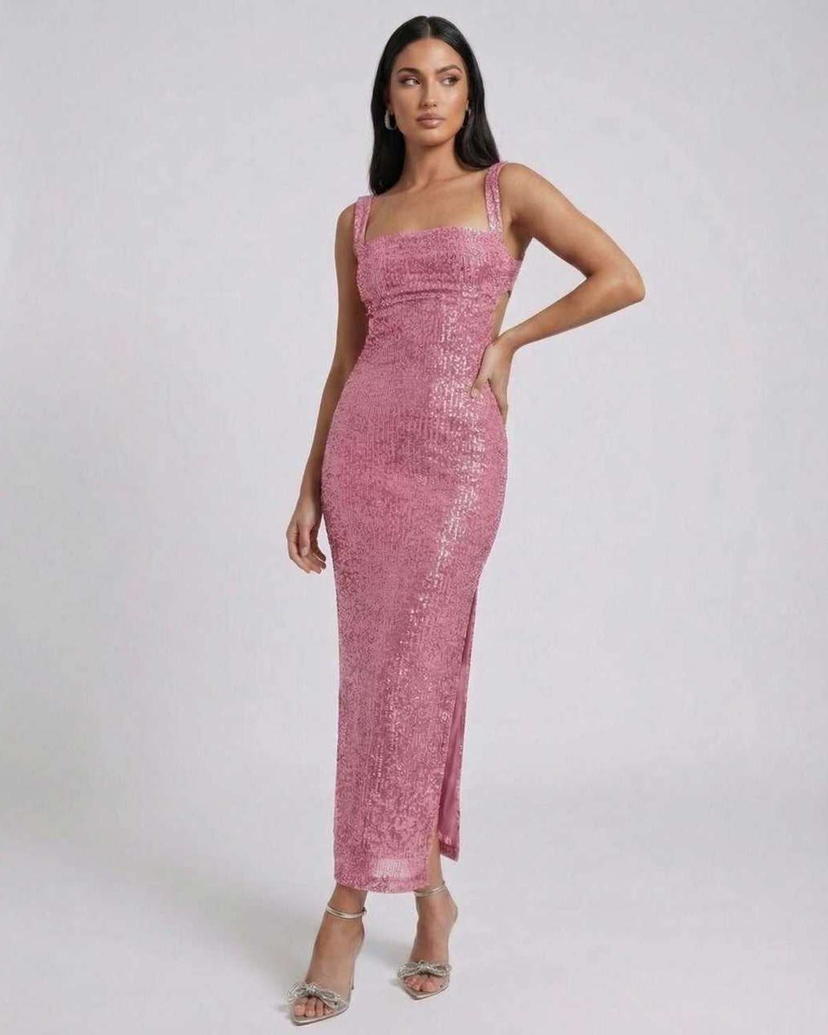 Lauven Mira Midi Dress in Pink sequined elegance with backless detail and chic square neckline.