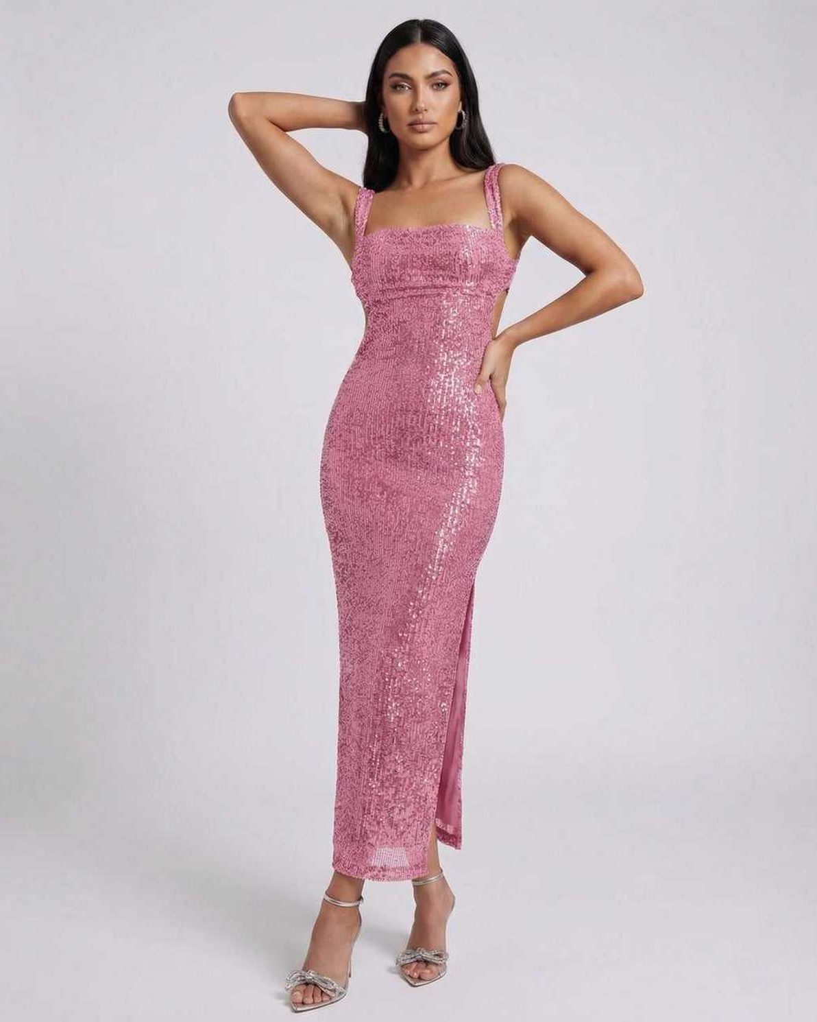 Mira Midi Dress by Lauven in pink sequined fabric showcasing backless detail and a flattering silhouette.