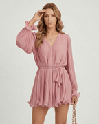 Mirabel Mini Dress by Lauven in romantic dusty rose pleated chiffon with flowing fabric and elegant style.