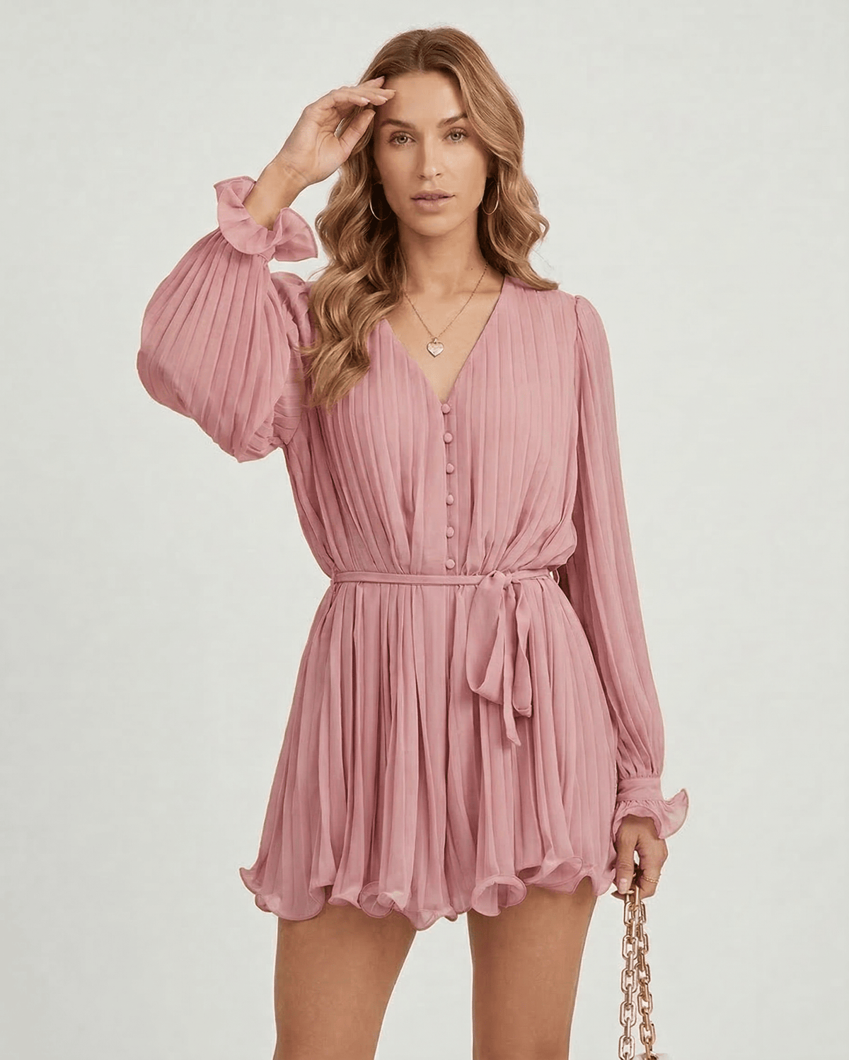 Mirabel Mini Dress by Lauven in romantic dusty rose pleated chiffon with flowing fabric and elegant style.