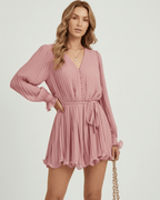 Mirabel Mini Dress by Lauven in romantic dusty rose pleated chiffon with elegant flow and flattering fit.