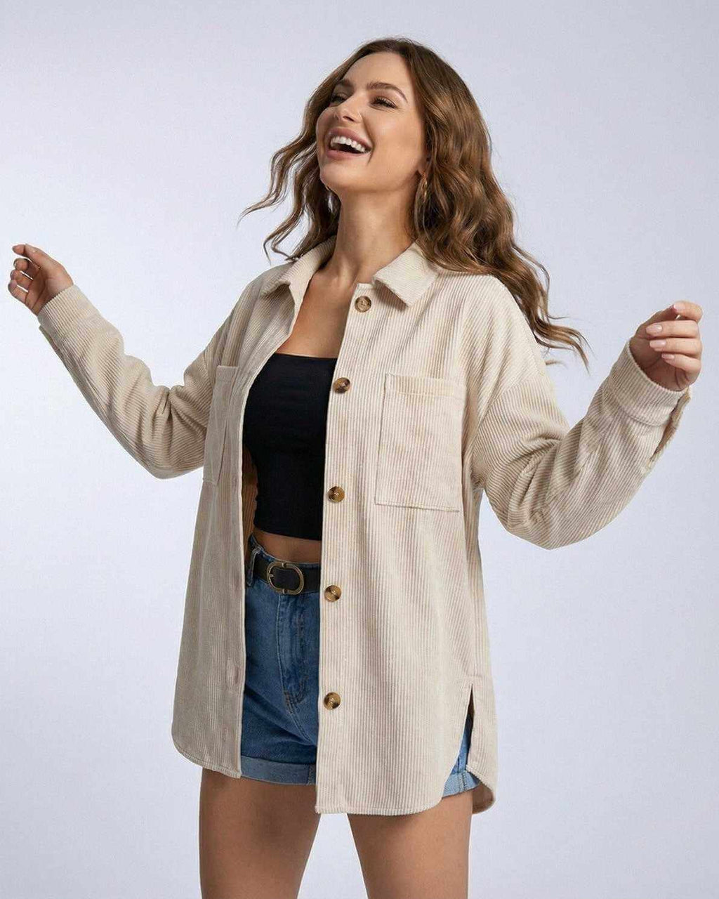 Monaco Jacket by Lauven - Women's oversized corduroy jacket with a relaxed fit and neutral tone.