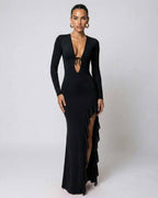 Monaco Maxi Dress by Lauven, black stretch fabric, deep V-neck, ruffle high slit, elegant and chic silhouette.