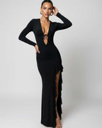 Monaco Maxi Dress by Lauven, black deep V-neck, ruffle high slit, smooth fabric, elegant and chic style.