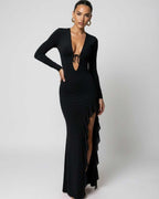 Monaco Maxi Dress featuring a deep V-neck, ruffle high slit and long sleeves by Lauven, ideal for elegant occasions.