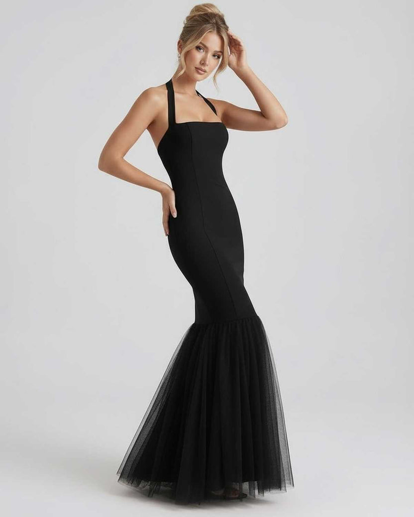 Monaco Maxi Dress featuring a sleek bodycon silhouette, halter neck, and flowing tulle hem by Lauven.
