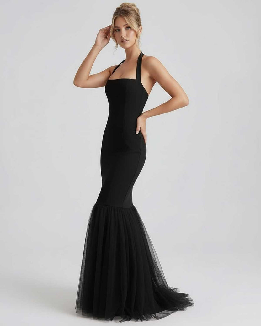Monaco Maxi Dress by Lauven, black bodycon dress with halter neck and tulle hem, sleek and elegant silhouette.