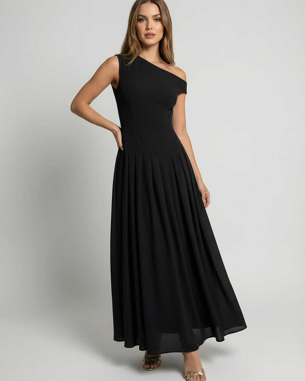 Monaco Maxi Dress by Lauven, black one shoulder A-line dress, elegant flowing silhouette, perfect for special occasions.