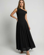 Monaco Maxi Dress by Lauven, black one shoulder A-line dress, elegant flowing silhouette, perfect for special occasions.