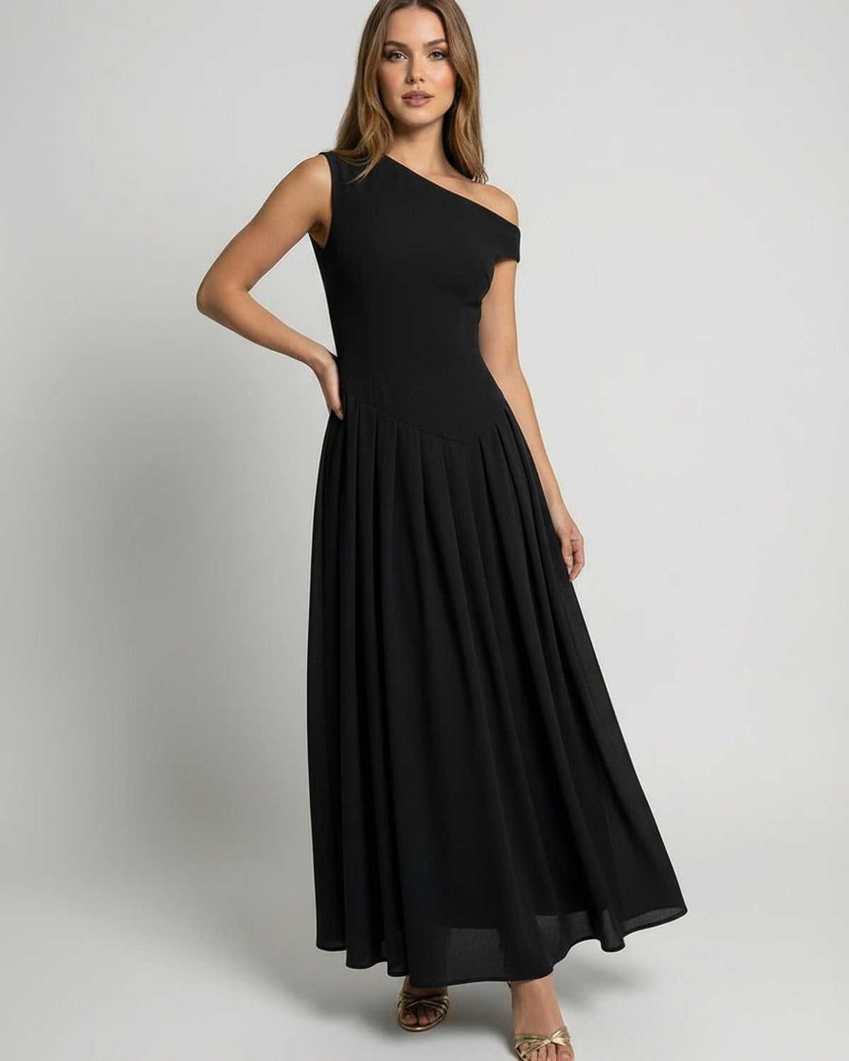Monaco Maxi Dress by Lauven, black one shoulder A-line dress, elegant flowing silhouette, perfect for special occasions.