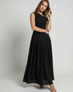 Monaco Maxi Dress showcased on a model, featuring a black one shoulder design and elegant A-line silhouette by Lauven.