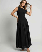 Monaco Maxi Dress – Elegant black one shoulder A-line dress by Lauven, showcasing refined movement and a modern look.