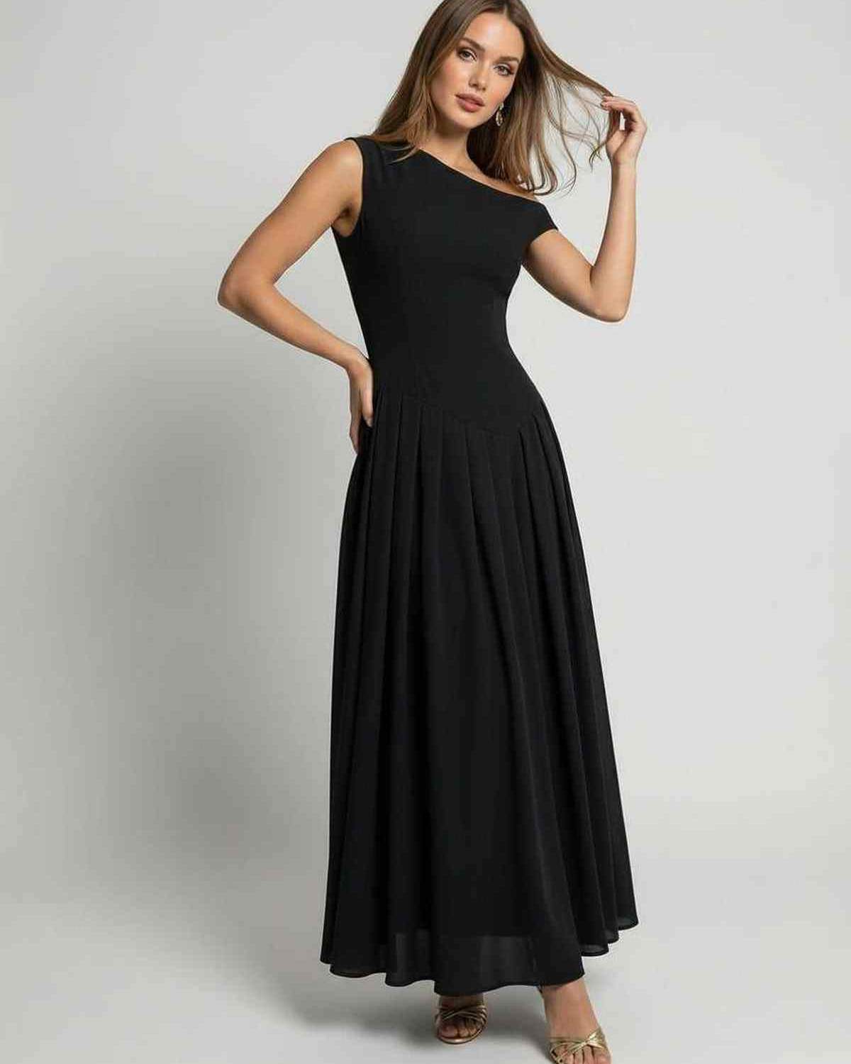 Monaco Maxi Dress – Elegant black one shoulder A-line dress by Lauven, showcasing refined movement and a modern look.